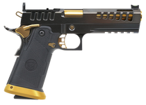 Watchtower Firearms DEMOLITIA9MM5ELITE Demolitia  Full Size Frame 9mm Luger 20+1 5" Gold Plated PVD Ported Barrel, Graphite PVD Optic Cut/Serrated Steel Slide, Graphite PVD Frame, Black Textured Grip