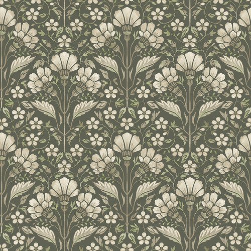 Edith Green Floral Damask Wallpaper