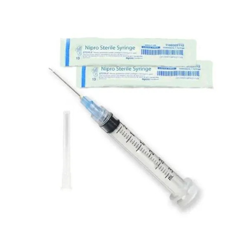Nipro Luer Lock, Syringe with Hypodermic Needle: 3 cc x 22g x 1.5