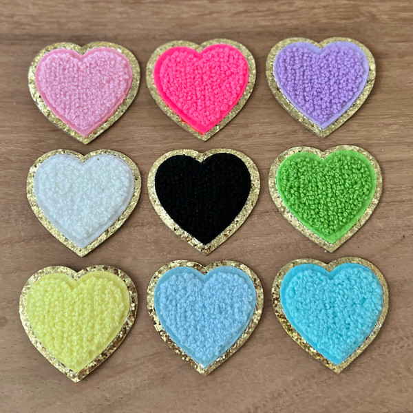 Chenille Heart Patch with Glitter Trim | Stick On Chenille Heart Patch with Glitter Trim | Stick On