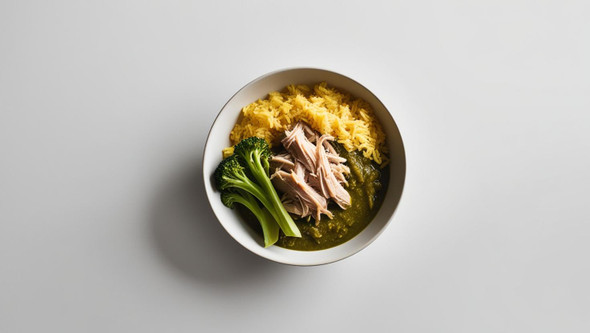 Pulled Pork Chili Verde w/Yellow Rice, Broccoli & Carrots