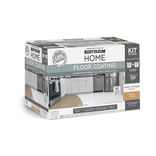 Rust-Oleum Home Floor Coating kit for transforming tile, vinyl, wood, includes base and top coat. 