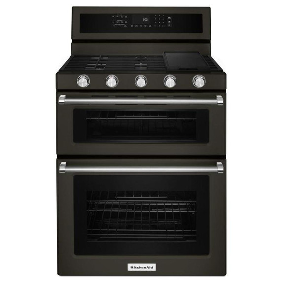 Kitchenaid® 30-Inch 5 Burner Gas Double Oven Convection Range KFGD500EBS