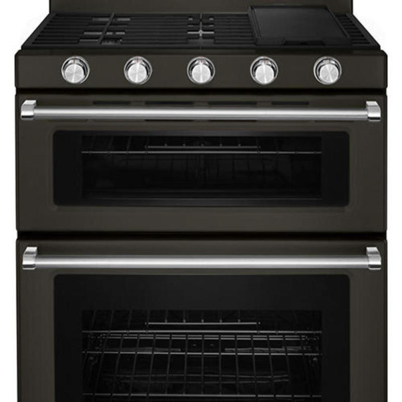 Kitchenaid® 30-Inch 5 Burner Gas Double Oven Convection Range KFGD500EBS