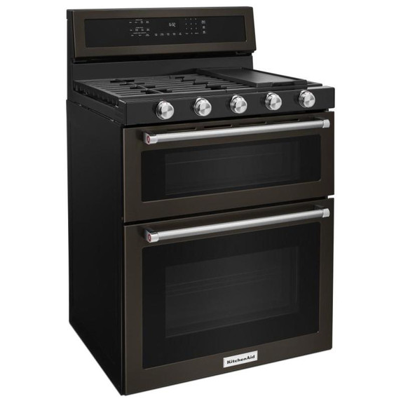 Kitchenaid® 30-Inch 5 Burner Gas Double Oven Convection Range KFGD500EBS