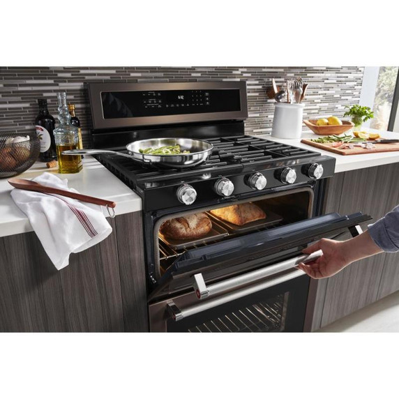Kitchenaid® 30-Inch 5 Burner Gas Double Oven Convection Range KFGD500EBS