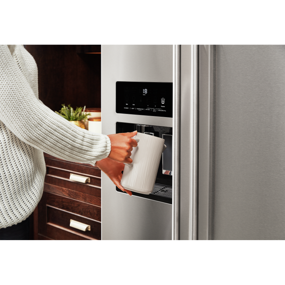 Kitchenaid® 24.8 cu ft. Side-by-Side Refrigerator with Exterior Ice and Water and PrintShield™ finish KRSF705HPS