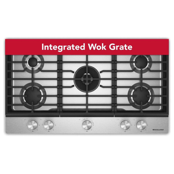 KitchenAid® 36  in. Gas Cooktop with 5 Burners and Integrated Wok Grate KCGK536SBE