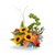 Sunflower arrangement with peach roses, blue hydrangea, and seasonal blooms in a garden-style container.