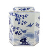 Blue And White Flat Hex Bird Floral Jar