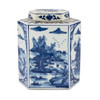 Blue And White Flat Hex Jar River Village Scene