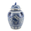 Blue And White Porcelain Village Fish Lidded Jar With Foo Dog Handles