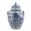 Blue And White Village Fish Lidded Jar Foo Dog Handles