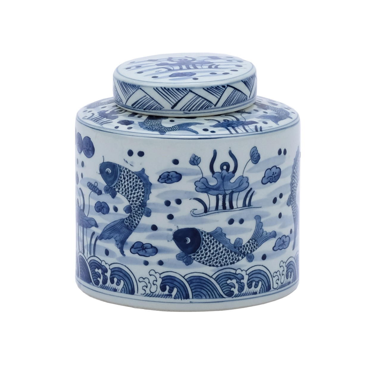 Blue & White Fish Cylinder Tea Jar