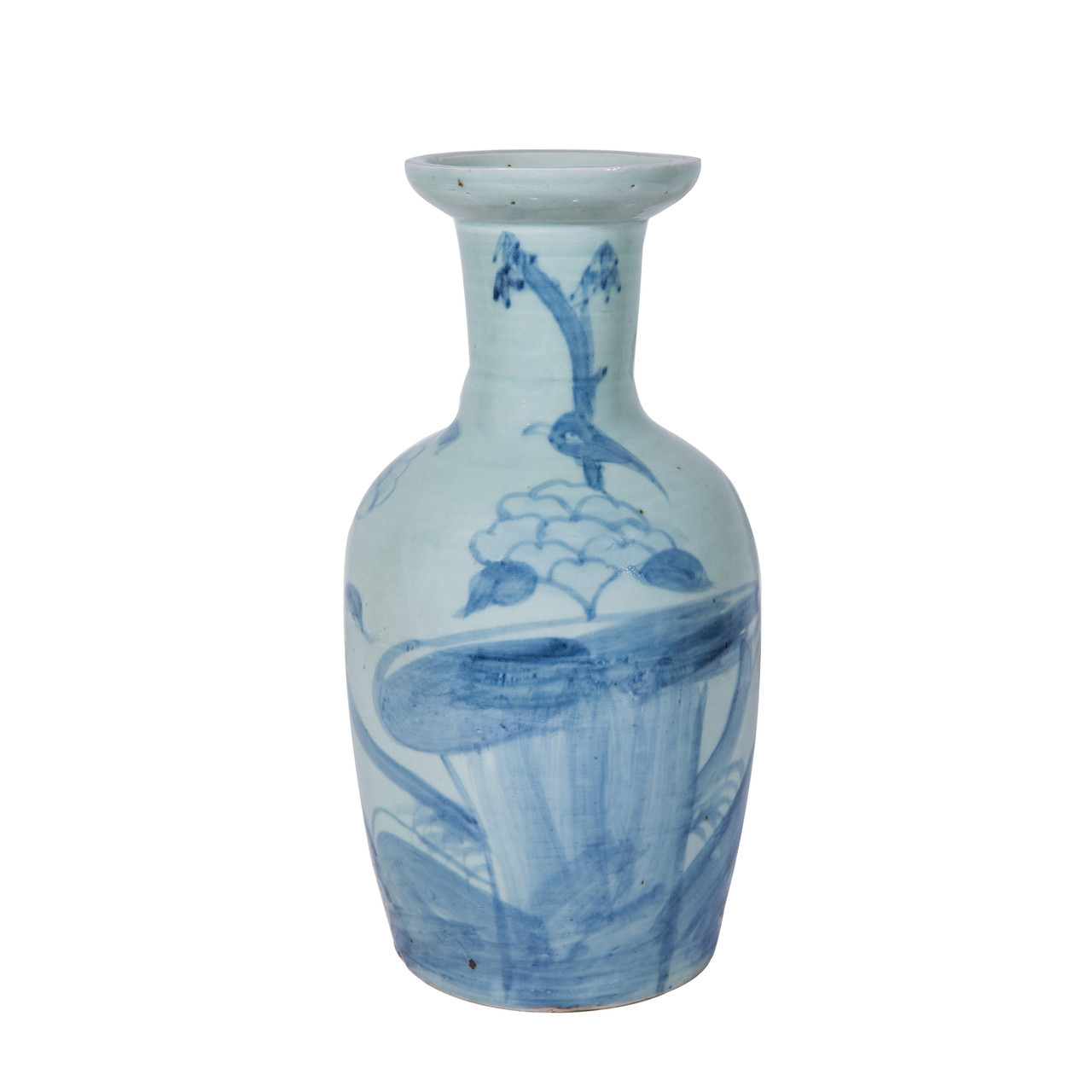 Light Blue Vase Lily Pads Bird Motif