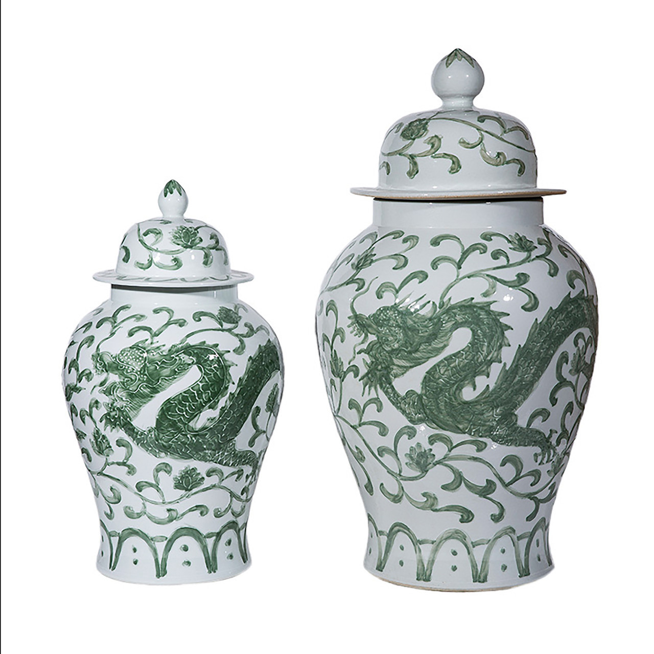 Celadon Dragon Lotus Temple Jar - 2 Sizes