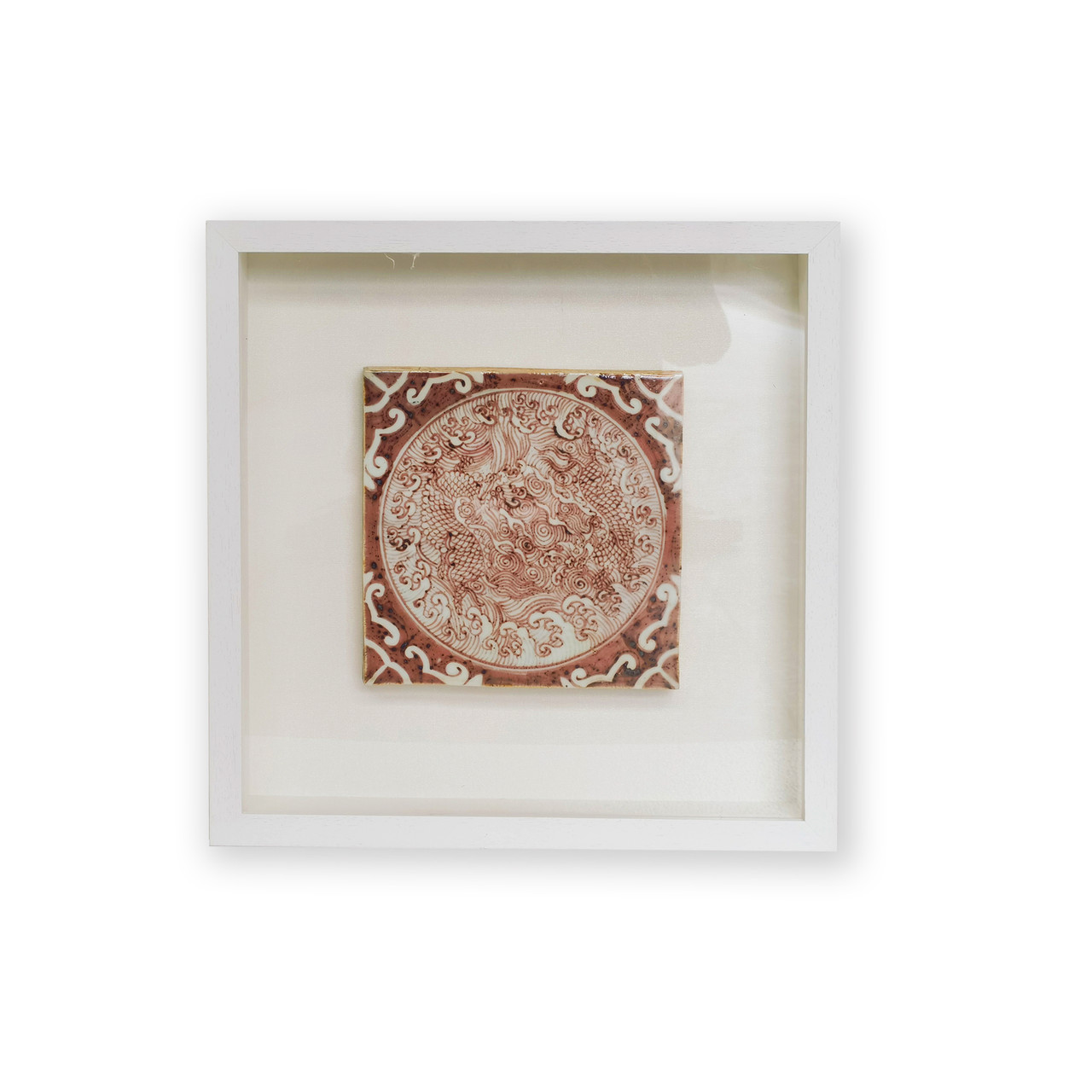 Handpainted Taupe Antique Style Porcelain Tile Shadow Box -Double Dragon Splashing