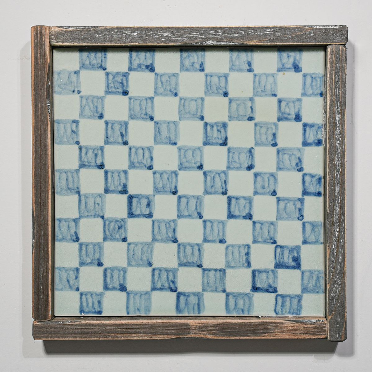 Hand Painted Blue & White Porcelain Tile Chess Board - Framed /12F02A