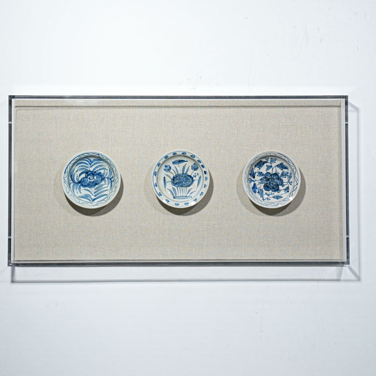 Handpainted Blue & White Porcelain Flower Plates Set of 3 - Acrylic Shadow Box /S09