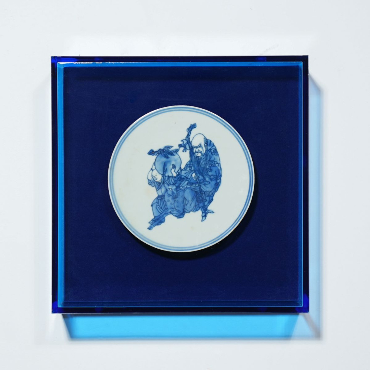 Handpainted Blue & White Porcelain Coaster God of Longevity - Acrylic Shadow Box /S55