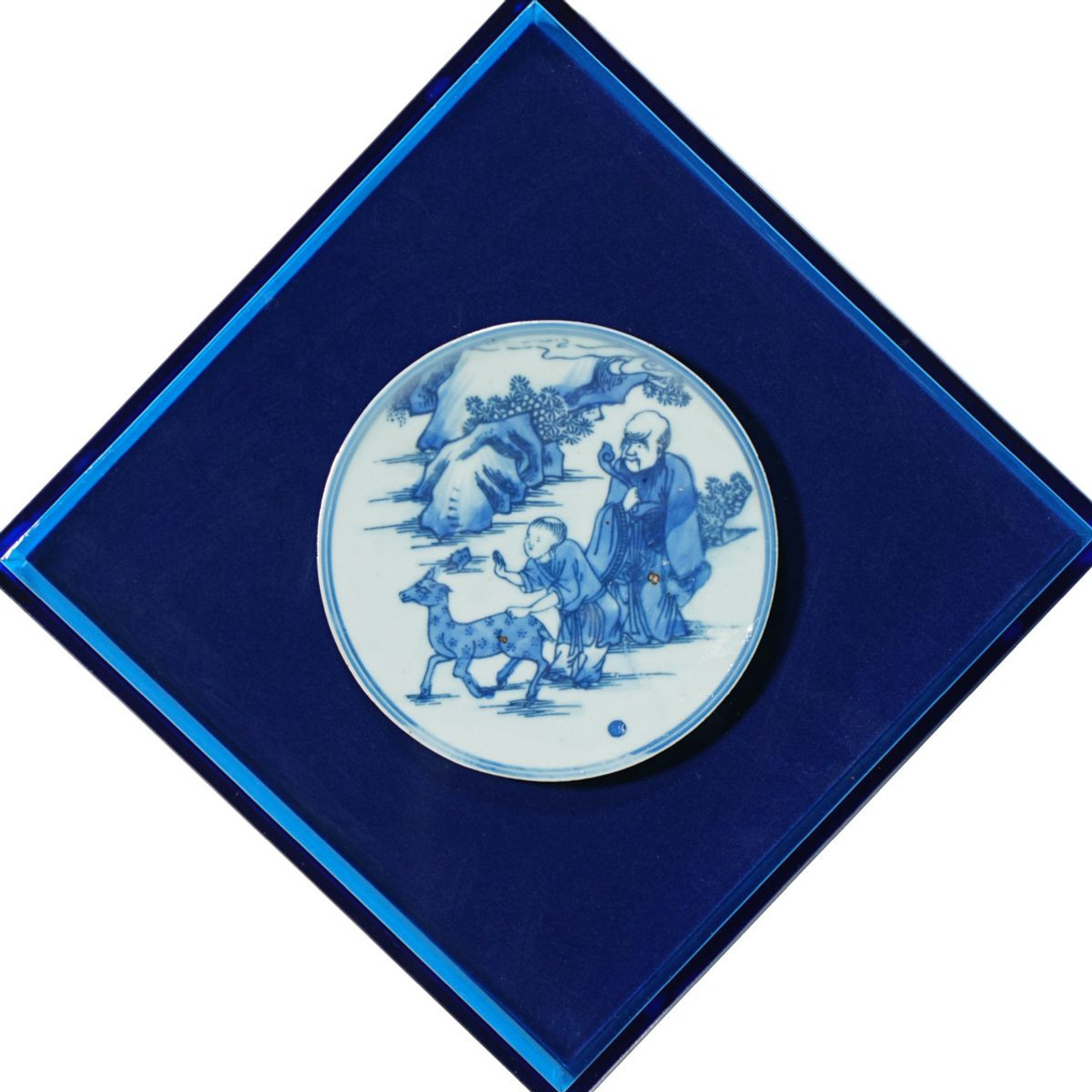 Handpainted Blue & White Porcelain Coaster God of Prosperity - Acrylic Shadow Box /S55D