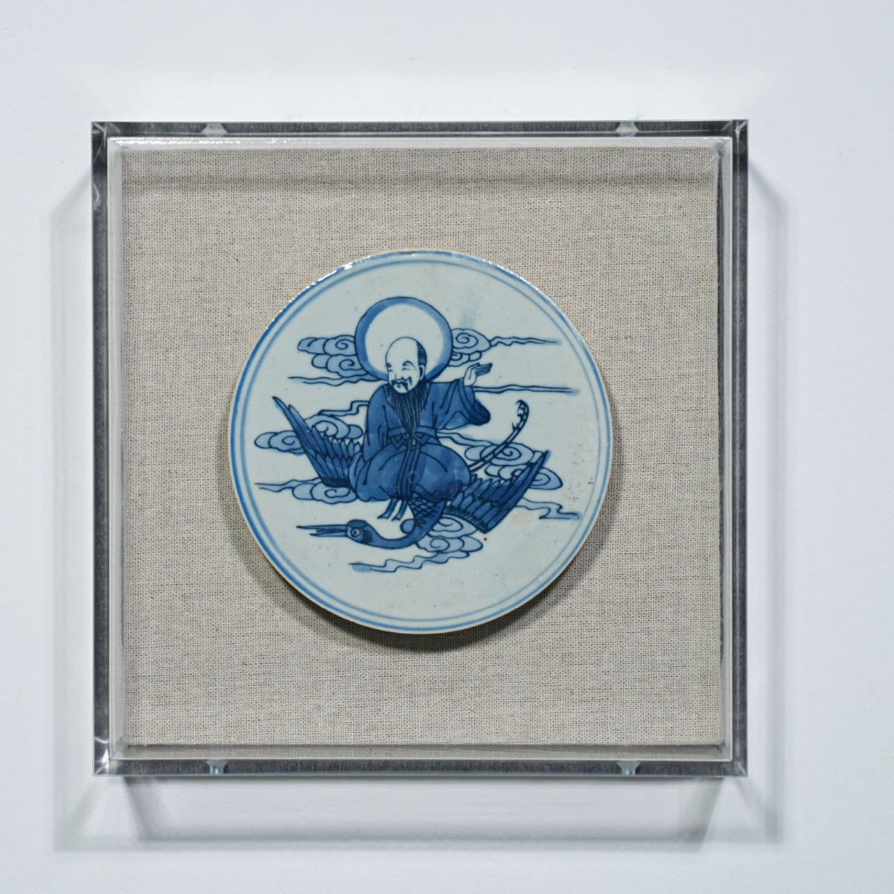 Handpainted Blue & White Porcelain Coaster Immortal Riding Crane - Acrylic Shadow Box /S59