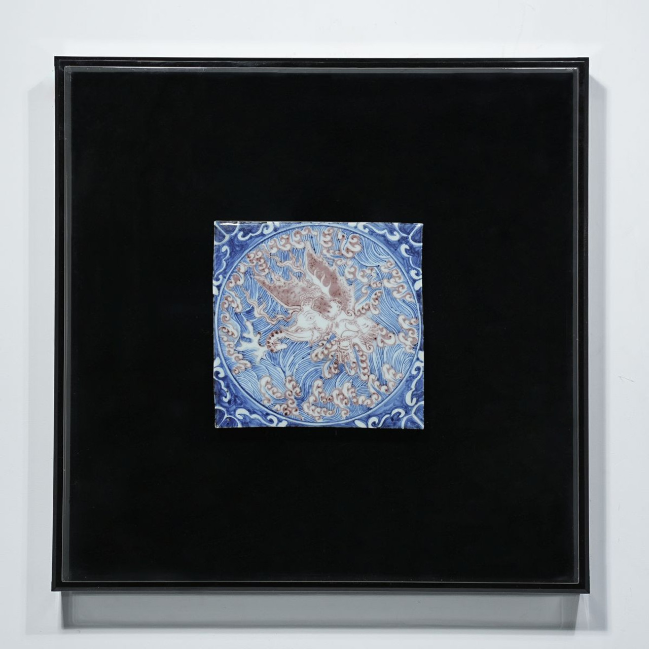 Handpainted Antique Reproduction Porcelain Tile Flying Elephant - Acrylic Shadow Box /S01