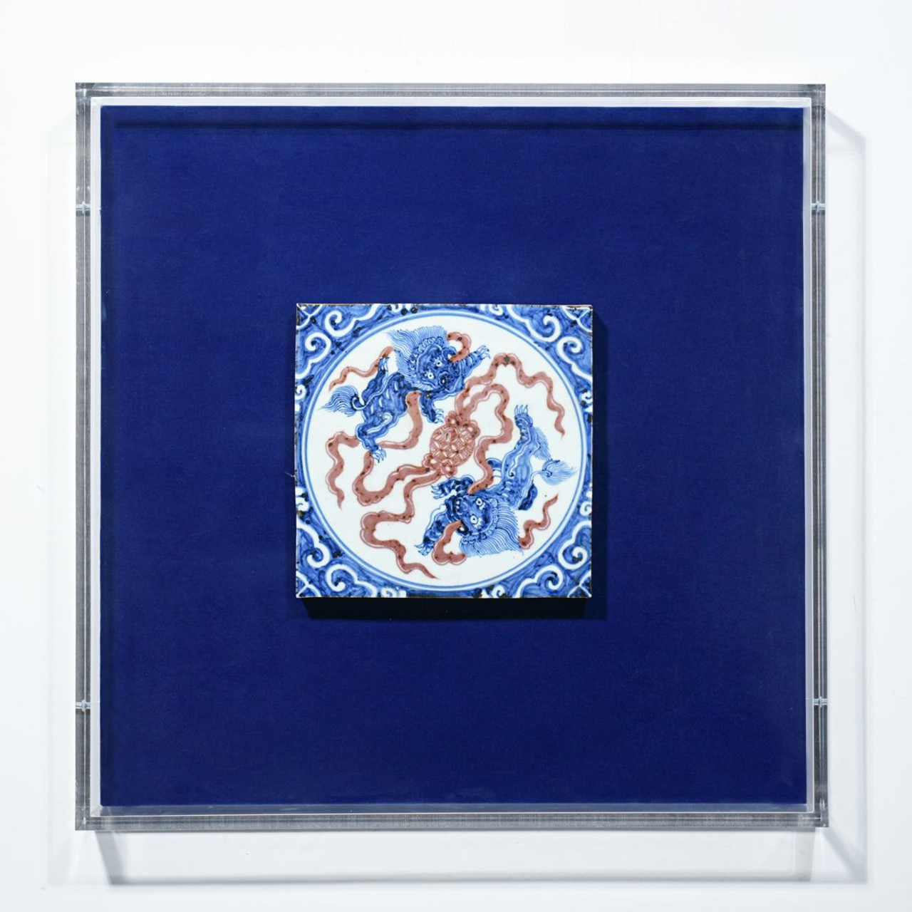 Handpainted Antique Reproduction Porcelain Tile Dancing Lions - Acrylic Shadow Box /S06