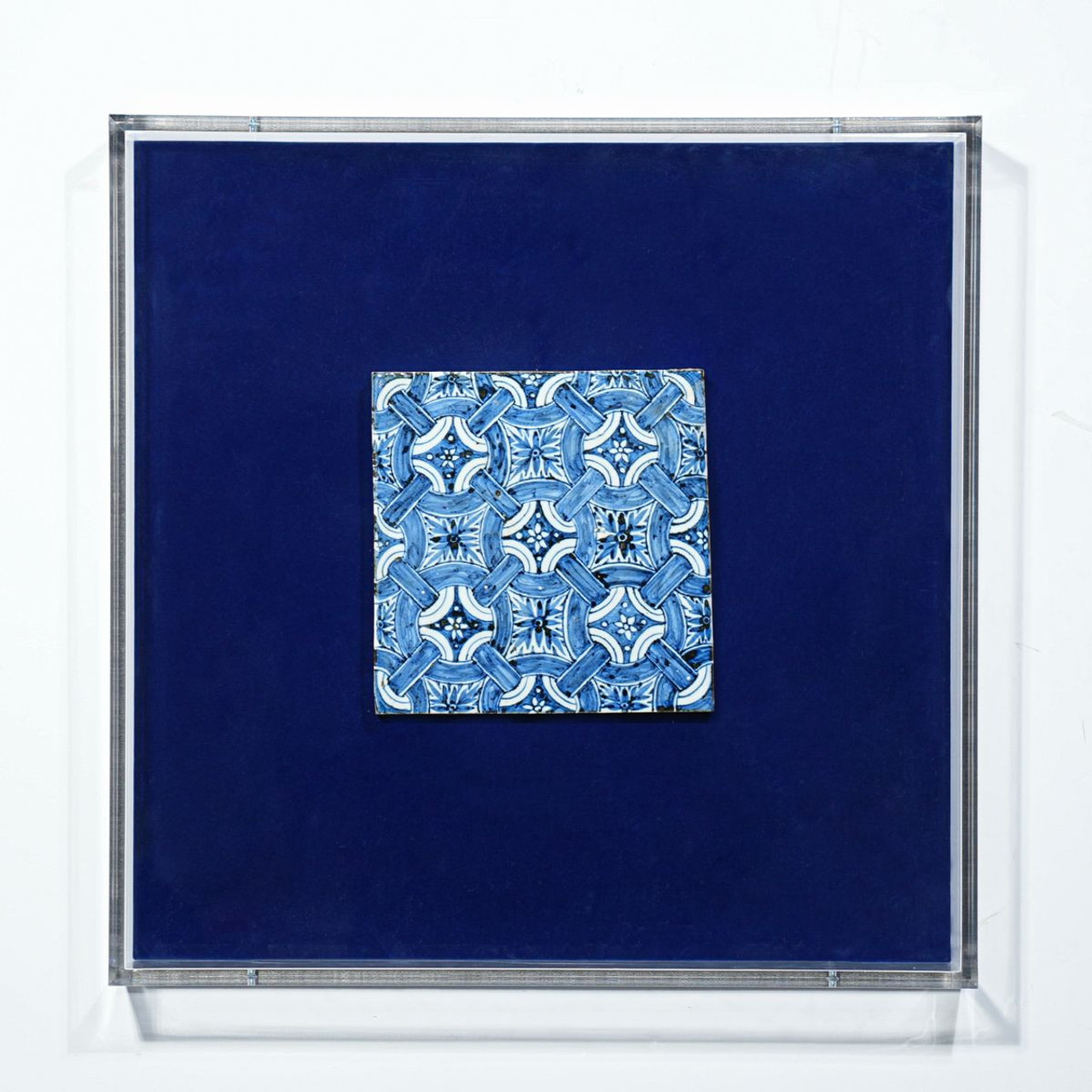 Handpainted Antique Reproduction Porcelain Tile Blue & White Lucky Knots - Acrylic Shadow Box /S06