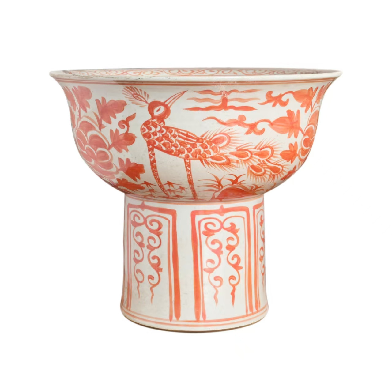 Yuan Coral Red And White Crane.. Mortif Serving Bowl Tall Base