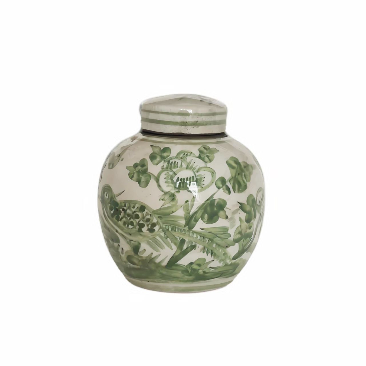 Green & White Porcelain Mini Jar.. Pheasant Flower Motif