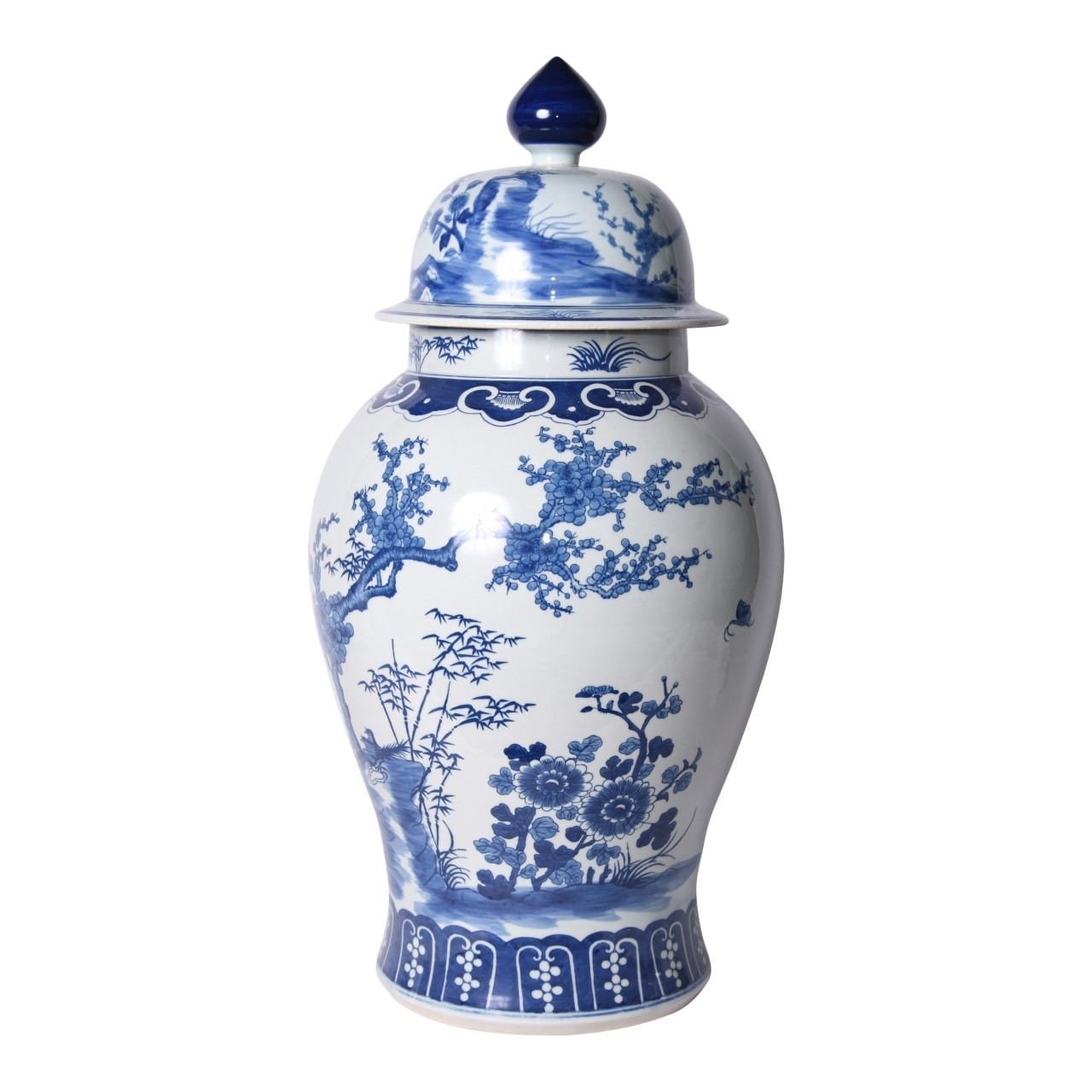 Blue & White Porcelain Four Season Plants Large Temple Jar