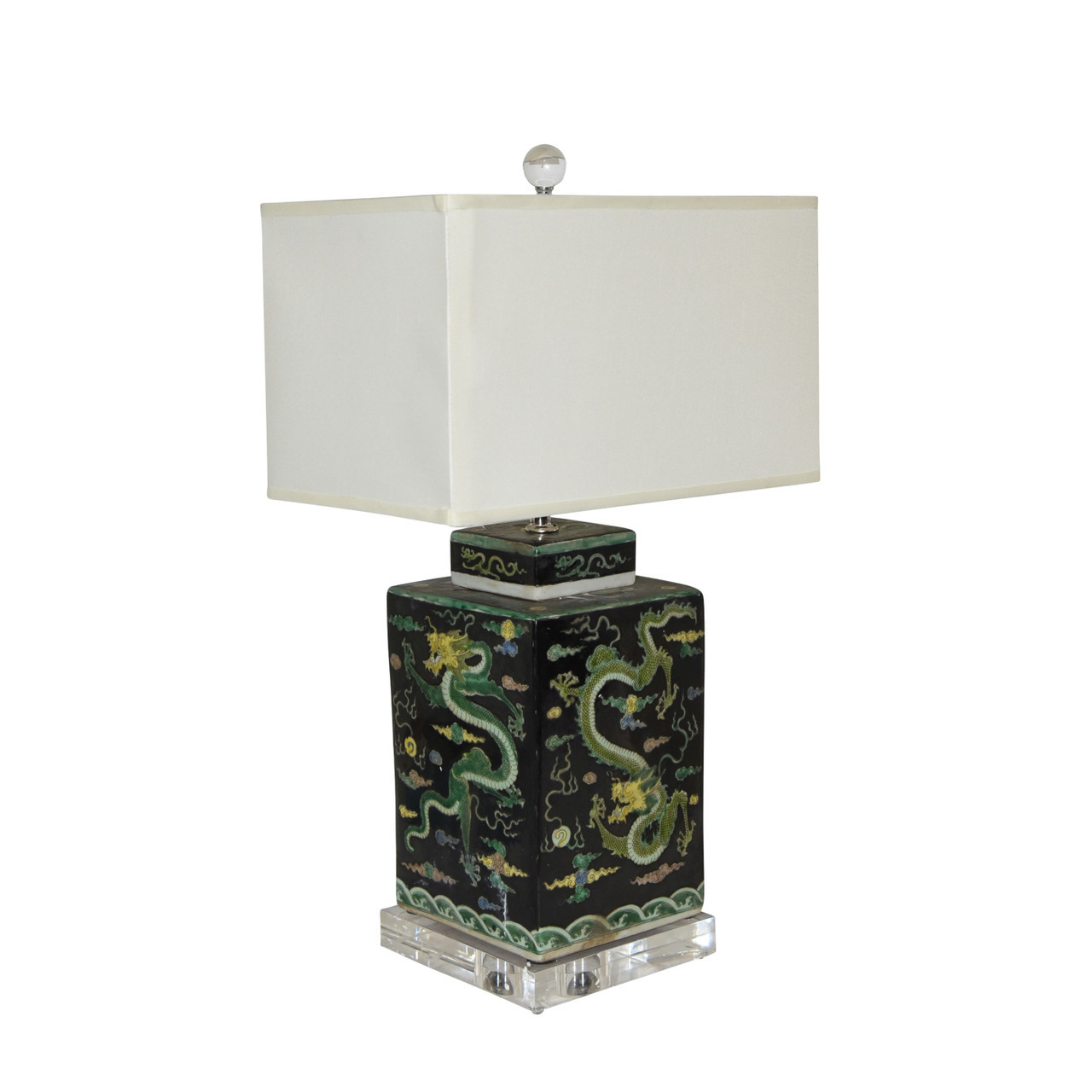Black Square Tea Jar Dragon Motif Lamp