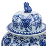 Blue And White Peony Temple Jar With Lion Handles