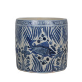 Blue And White Fish Lotus Greek Key Cachepot