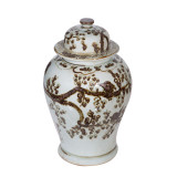Rusty Brown Porcelain Temple Jar Magpie on Plum Motif Small