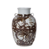 Rustic Brown Four Loop Handle Jar Twisted Flower Motif