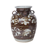 Rustic Brown Four Loop Handle Jar Twisted Flower Motif - Small