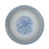 Blue And White Peony Mortif Serving Bowl Tall Base