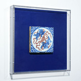 Handpainted Antique Reproduction Porcelain Tile Dancing Lions - Acrylic Shadow Box /S06