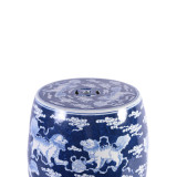 Blue Porcelain Garden Stool With White Lion Motif