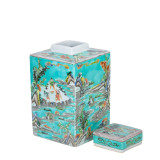 Green Square Porcelain Tea Jar Landscape Motif