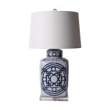 Blue & White Porcelain Square Tea Jar With Pattern of Lines Lamp ( Specify Shade Choice )