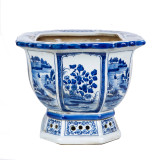 Blue And White Porcelain Octagonal Planter Floral Bird Motif