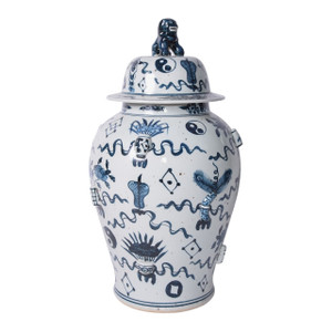 Blue & White Antique Symbol Temple Jar