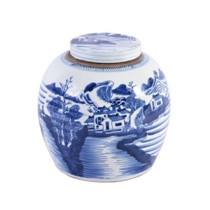 Blue & White Ancestor Jar W/ Landscape Design