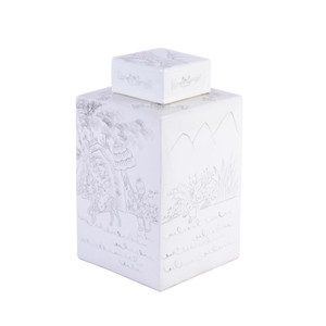 White Square Tea Jar Carving People
