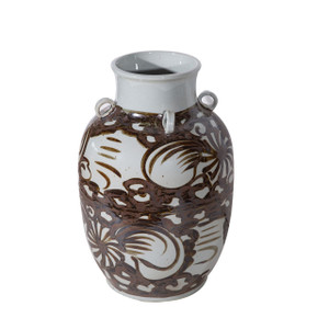 Rustic Brown Four Loop Handle Jar Twisted Flower Motif