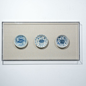 Handpainted Blue & White Porcelain Flower Plates Set of 3 - Acrylic Shadow Box /S09