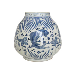 Barclay Butera Couture Blue & White.. Porcelain Mandarin Pot Fish Motif